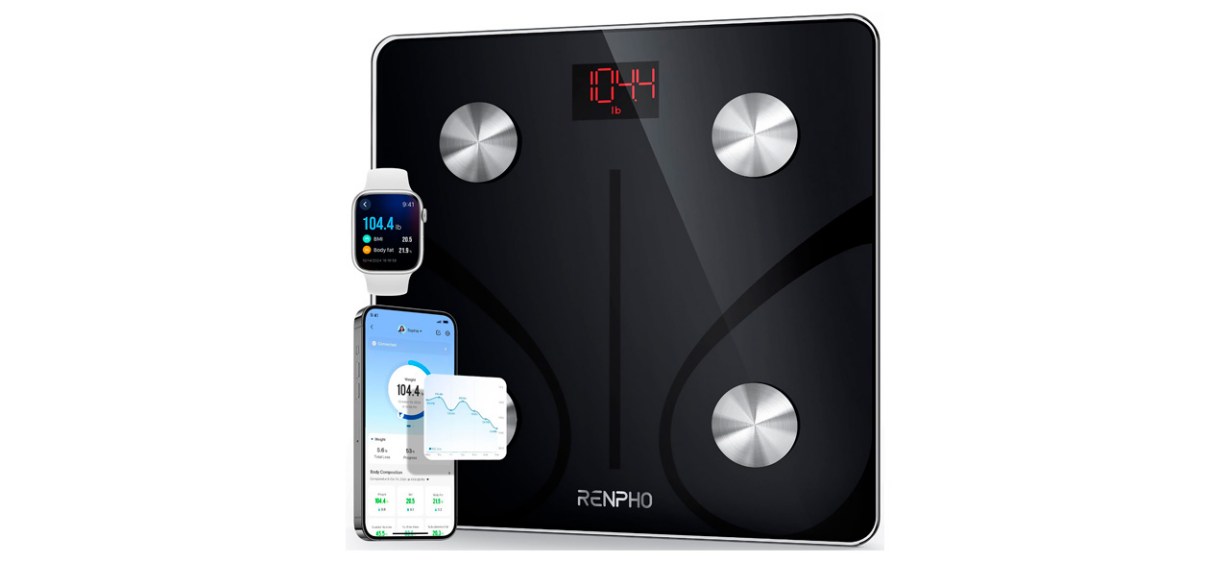 Renpho Smart Scale with a cellphone and smartwatch showing the associated app Renpho Smart Scale with a cellphone and smartwatch showing the associated app