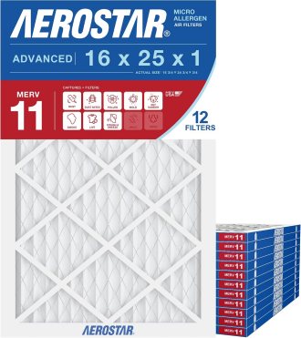 Aerostar 16x25x1 MERV 11 Pleated Air Filter, 12-Pack