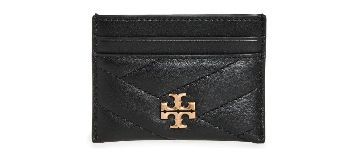 Tory Burch Kira Chevron Card Case in black, on white background