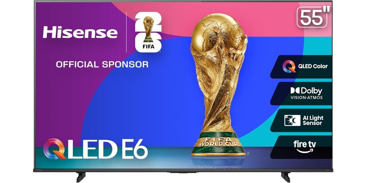 Hisense 55 E6 Cinema Series QLED 4K UHD Smart Fire TV on white background